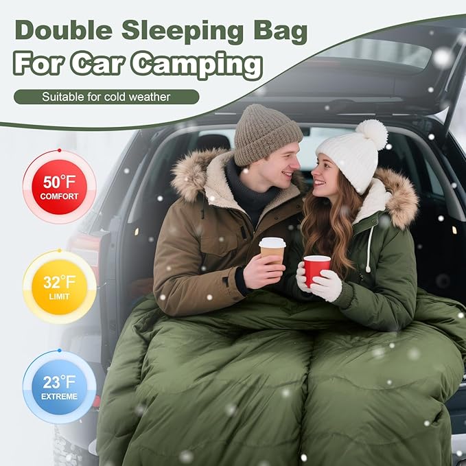 0 Degree Flannel Double Sleeping Bag for Adults, Couples or Family - Winter Queen Size Waterproof & Warm 2-Person Sleeping Bag for Cold Weather Camping, RV Travel