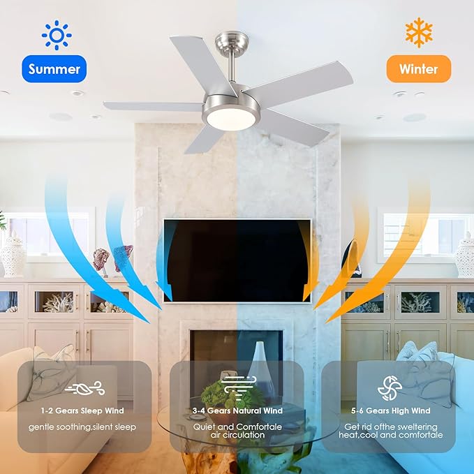 Ceiling Fan with Lights and Remote/APP - 42" Modern Low Profile Ceiling Fan with 5 Reversible Blades, 3CCT Dimmable, Ceiling Fans for Indoor/Covered Outdoor, Brushed Nickel
