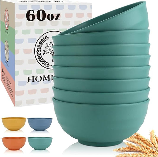 Homienly Wheat Straw Large Bowls, 60 OZ Salad Bowls Set of 8, Unbreakable Large Serving Bowl for Kitchen, Camping, Microwave and Dishwasher Safe Big Plastic Bowl Set Reusable-Green