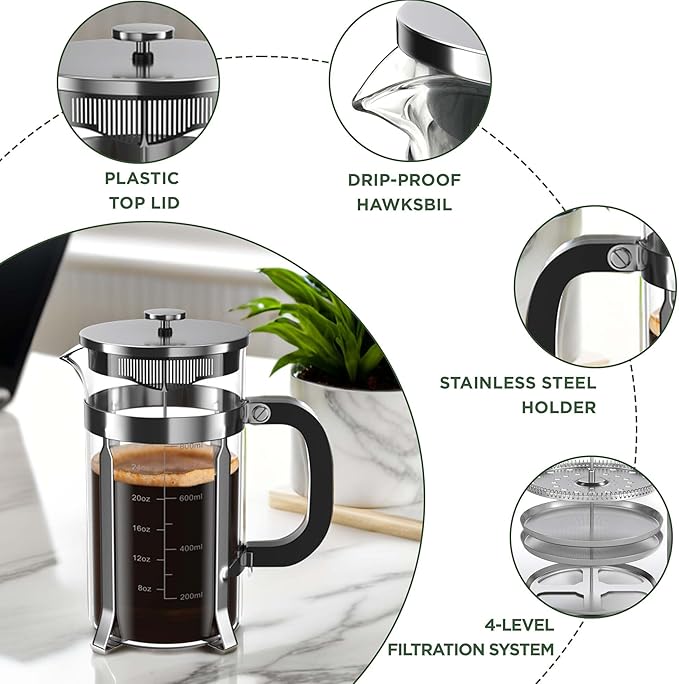 French Press Coffee Maker, 34 Ounce 1 Liter, Stainless Steel, Cold Brew Heat Resistant Borosilicate Glass Espresso Coffee & Tea Maker with 4 Filter