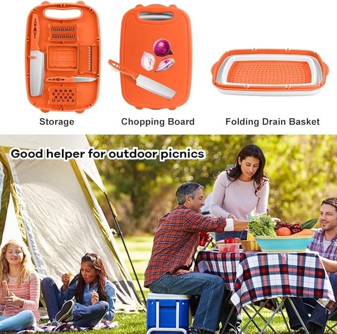 Camping Cutting Board, HI NINGER Collapsible Chopping Board with Colander, 9-In-1 Multi Kitchen Vegetable Washing Basket,Camping Gifts Accessories for RV Campers