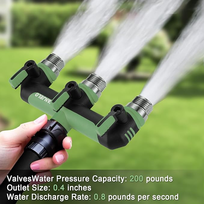 3 Way Hose Splitter, Heavy Duty Garden Water Hose Bib Spigot Splitter, Outdoor Faucet Splitter with Shutoff Valve, Garden Hoses Connector for T Adapter, 3/4 - Inch GHT Thread (Green)