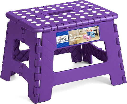ACKO Folding Step Stool 9 Inch 300 lb Capacity, Plastic Foldable Step Stools for Kids and Adults, Folding Stools Suitable for Kitchen, Stepping Stool with Handle Purple 1PC