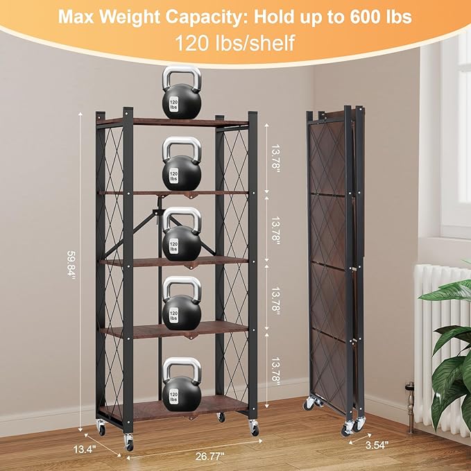 5-Tier Foldable Storage Shelves with Wheels, Folding Metal Shelf Unit, Folding Bookshelf no Assembly, Collapsible Shelves for Craft Shows for Kitchen, Bedroom, Living Room, Rustic Brown