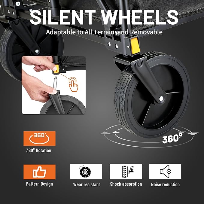 EchoSmile Heavy Duty 350 Lbs Capacity Collapsible Wagon, Outdoor Folding Camping Wagons, Grocery Portable Utility Cart, Adjustable Rolling Carts, All Terrain Sports Wagon with Big Wheels (Dark-Black)