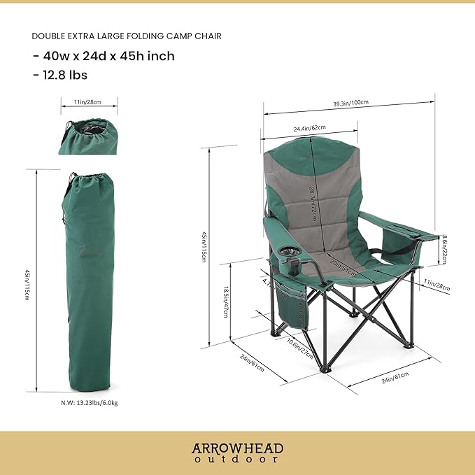 ARROWHEAD OUTDOOR XXL Folding Padded Camping Chair w/Cup & Wine Holder, Armrest Cooler, Support up to 600 lbs, Green