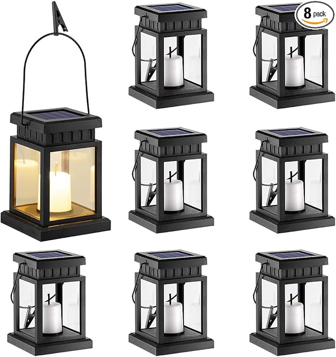 GIGALUMI 8 Pack Solar Hanging Lantern Outdoor, Candle Effect Light with Stakes for Garden, Patio, Lawn, Deck, Umbrella, Tent, Tree, Yard, Driveway-Warm White