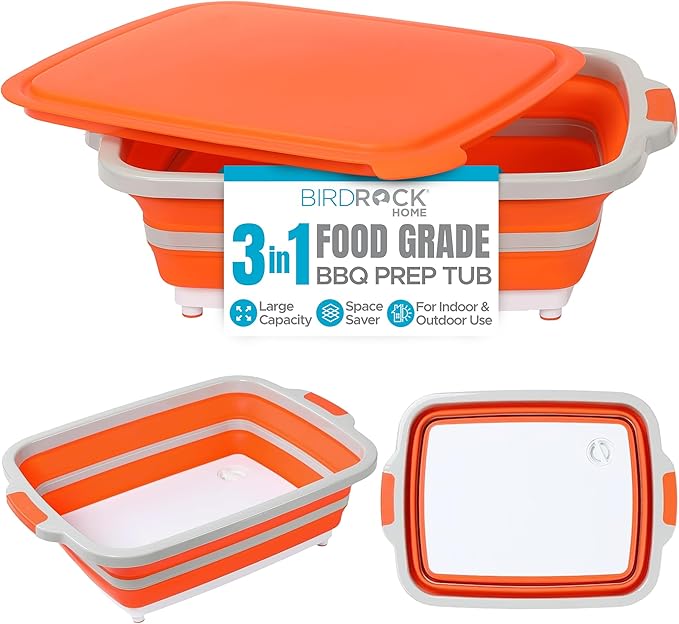 BIRDROCK HOME Collapsible Food Prep & Cutting Board and Grill Caddy Tub with Colander & Lid | Multifunctional Kitchen Vegetable Washing Basket | Silicone Dish Tub for BBQ, Picnic, Tailgate and Camping