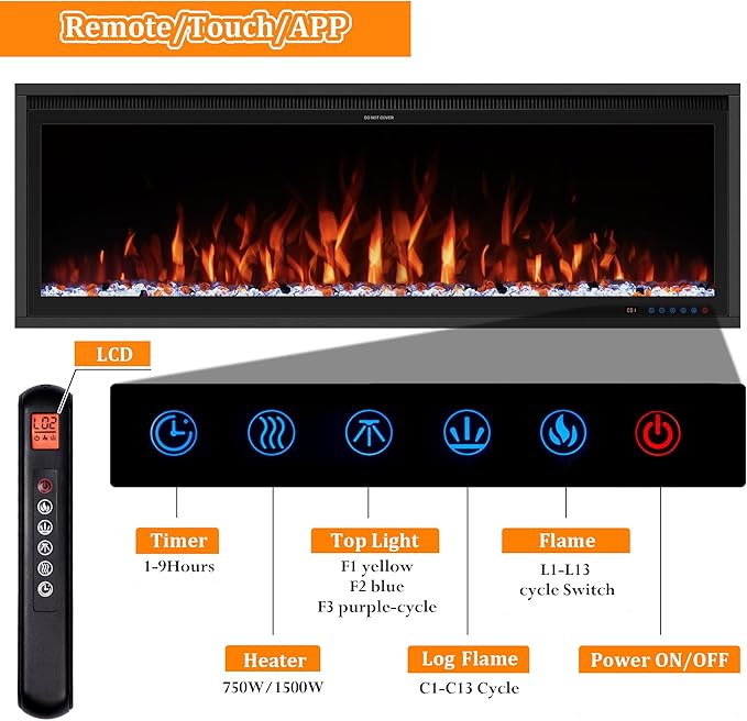 Benrocks 50'' WiFi-Enabled Electric Fireplace Insert - Alexa & App Control, 13 * 13 * 3 Color Combinations, Smart Fireplace Heater, Timer, Logs & Crystals Included, 750/1500W