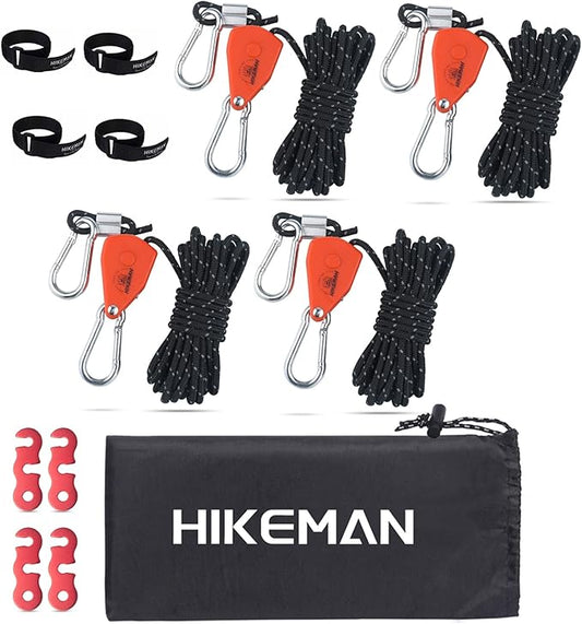 Hikeman Camping Rope with Ratchet Pulley,Quick Setup Outdoor Guy Lines Adjustable Tent Tie Downs Rope Hanger for Canopy,Kayak and Canoe,Grow Light (4PCS,Black)