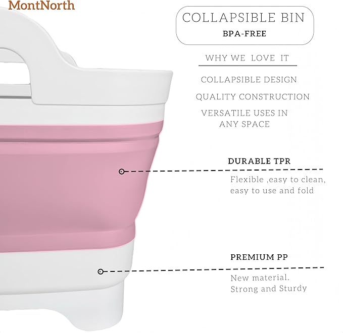 Collapsible Wash Basin 9L, Foldable Dish Tub with Drain Plug, Portable Collapsible Dish Basin, Camping Sink for Washing Dishes, Laundry & Kitchen Use (Pink)