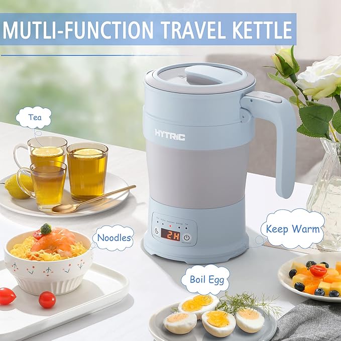 HYTRIC Travel Electric Kettle, 700ML Foldable Small Electric Kettle BPA-Free, Portable Kettle with Multifunctional Panel, Collapsible Hot Water Kettle with Keep Warm & Delay Start, 110V Blue