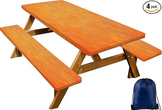 CAPSCEOLL Elastic Picnic Table Cover with Bench Covers 5Ft Waterproof Fitted Picnic Table Cover Cloths for Outdoors Camping Tablecloth with Drawstring Bag, 60X30in, Burnt Orange