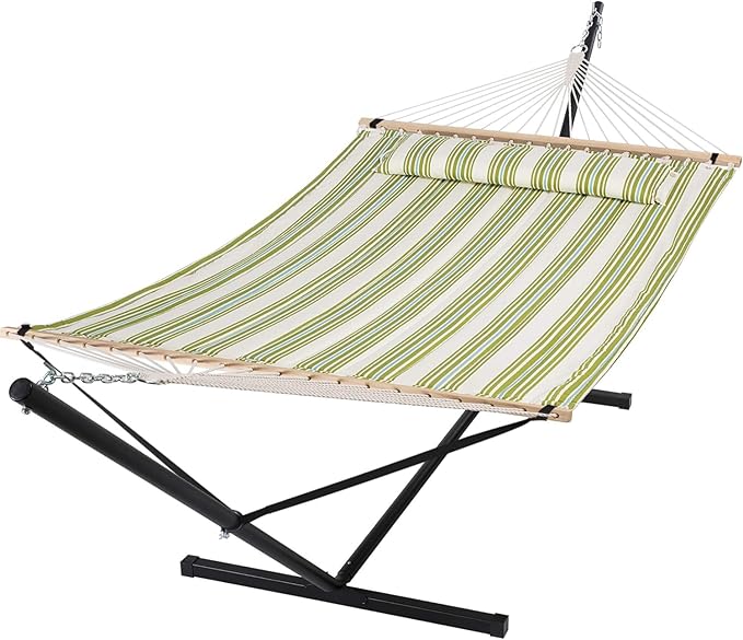 SUNCREAT Portable Double Hammock with Stand, 475 lbs Capacity, Heavy Duty Two Person Hammock with Stand Included, Green Stripe
