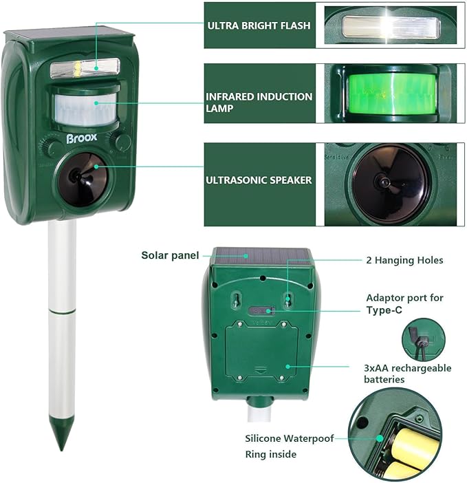 Broox 2025 Upgraded Solar Animal Repellent, Cat Repellent Outdoor, Squirrel Repellent, Deer Repellent, Ultrasonic pest Repeller, Waterproof Motion Detection, Dog, Raccoon, Skunk, Rabbit, Rodent