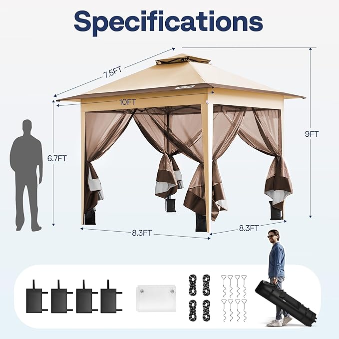 VIVOHOME Pop Up Gazebo 10x10ft Outdoor Canopy Tent with Mosquito Netting & 2 Tiers Roof for Patio Garden Backyard, Beige