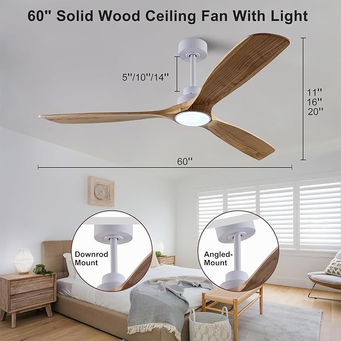 60" Wood Ceiling Fan with Lights Remote Control,Quiet DC Motor 3 Blade Ceiling Fans for Patio Living Room, Bedroom, Office,Indoor Outdoor(Raw wood+White)