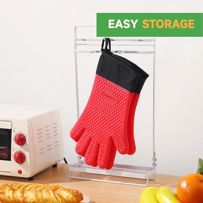 GEEKHOM BBQ Gloves Heat Resistant Oven Mitts - Silicone Grilling Gloves with 14" Long Arm Protection - Waterproof Pot Holder Non-Slip for Men & Women, Kitchen Cooking, Baking, Camping, Red
