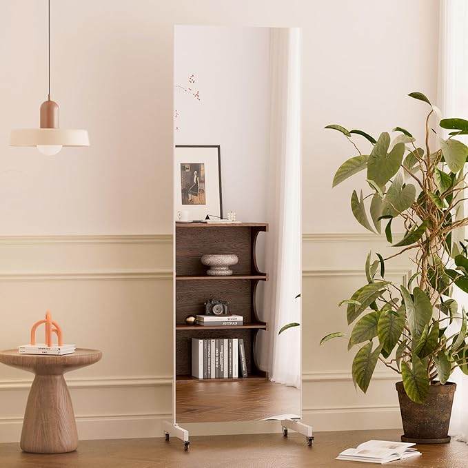 brisafe Home Gym Mirror 360° Swivel on Wheels, 71" X 24" Nano Film Super Lightweight Unbreakable Full Length Mirror for Yoga, Dance Studio, White