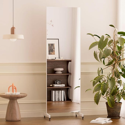 brisafe Home Gym Mirror 360° Swivel on Wheels, 71" X 24" Nano Film Super Lightweight Unbreakable Full Length Mirror for Yoga, Dance Studio, White