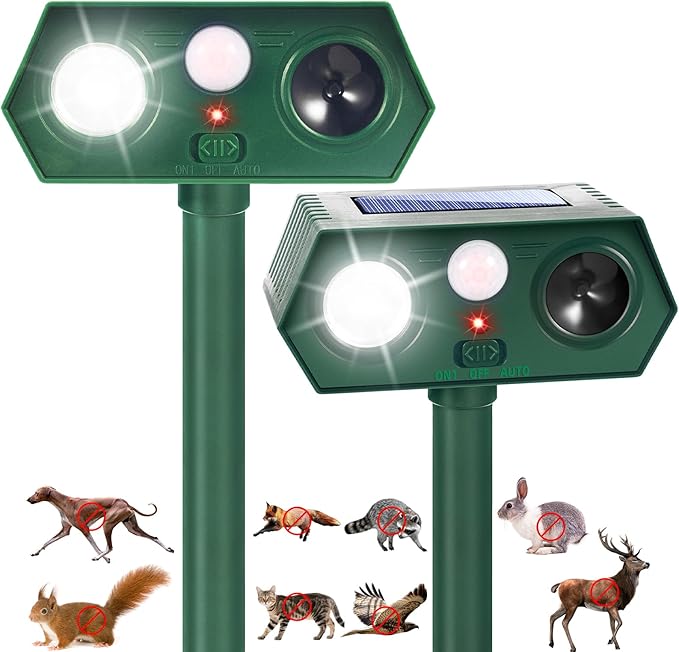 2 Pack Ultrasonic Solar Animal Repellent Cat Deterrent Outdoor,Deer Repellent with Motion Sensor Strobe Light,Waterproof Animal Repeller for Raccoon Squirrel Rabbit Dog Skunk,Yard Garden Protection