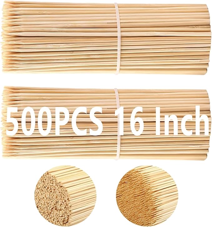 Acrux7 500 PCS 16 Inch Natural Bamboo Skewers, 1/6 Inch (4mm) Thick Smores Sticks Marshmallow Roasting Sticks, Long Bamboo Skewers for Kabobs, Appetizers, Fruit, Grilling, Barbecue, Crafts
