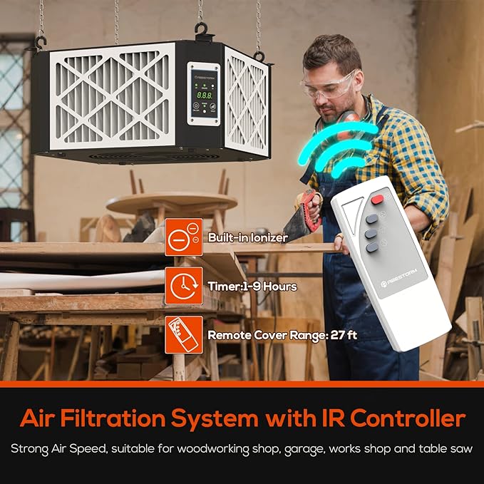 ABESTORM Air Filtration System Woodworking Built-in Ionizer, 1350CFM Hanging Air Filter with Strong Vortex Fan, 360 Degree Intake, Shop Dust Collector for Woodworking, Garage WorkShop, DecDust 1350IG