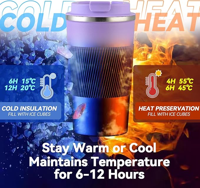 17OZ Travel Coffee Mug Insulated Coffee Cup with Spill Leak Proof Lid, Portable Stainless Steel Tumbler Reusable Hot and Cold Water Mug for Car, Daily, Camping- Purple