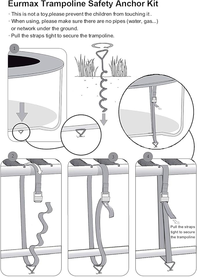 Eurmax USA Trampoline Stakes Heavy Duty Trampoline Parts Corkscrew Shape Steel Stakes Anchor Kit with T Hook for Trampolines -Set of 4 Bonus 4 Strong Belt,Silver