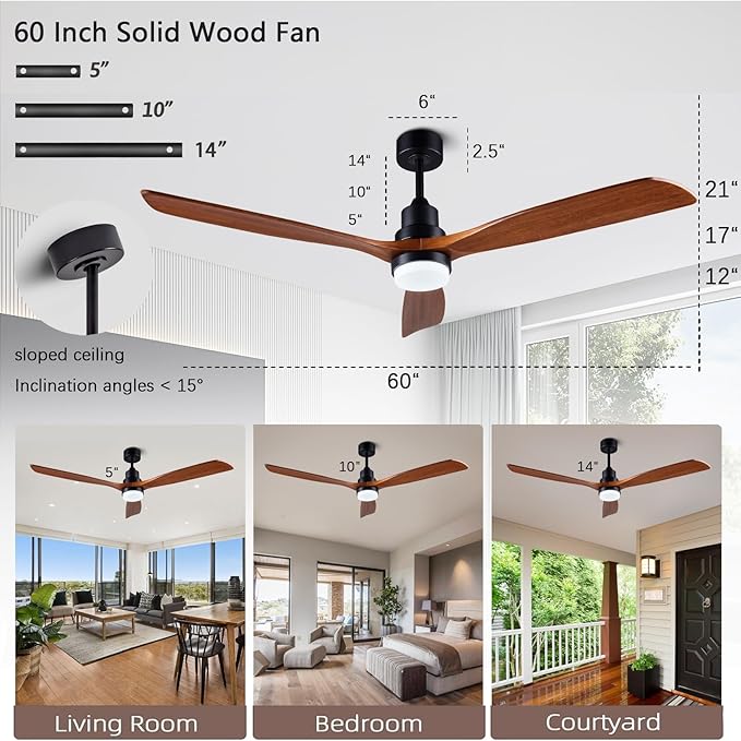 60” Ceiling Fan [with Lighting Remote], Indoor Outdoor Mute, Modern Wooden Ceiling Fan [with 3 Solid Wood Blades] for Patio, Living Room, Bedroom, Hallway.
