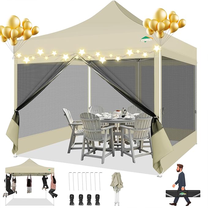 COBIZI 10x10 Canopy Tent with 4 Sidewalls,Heavy Duty Pop up Canopy with Mosquito Netting,Easy up Screen Tent for Parties Wedding Outdoor Camping with Handbag,Khaki