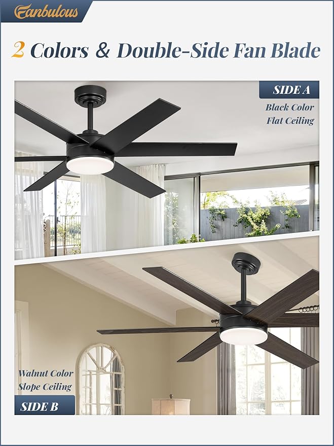 52 Inch Ceiling Fans with Lights and Remote, Reversible 6 Blades, Dimmable, 3000K-6000K Adjustable, Outdoor Ceiling Fans for Patios, Large Ceiling Fan for Indoor or Covered Outdoor, Black