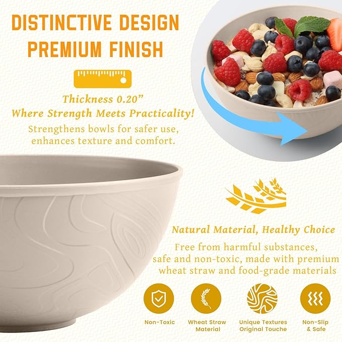 Homienly Wheat Straw Bowls for Kitchen, Bowl Set with Unique Texture 6 PCS, 40 OZ Large Capacity Bowls for Salad, Cereal, Soup, Popcorn, Ramen, Microwave and Dishwaher Safe, Outdoor Safe - Beige