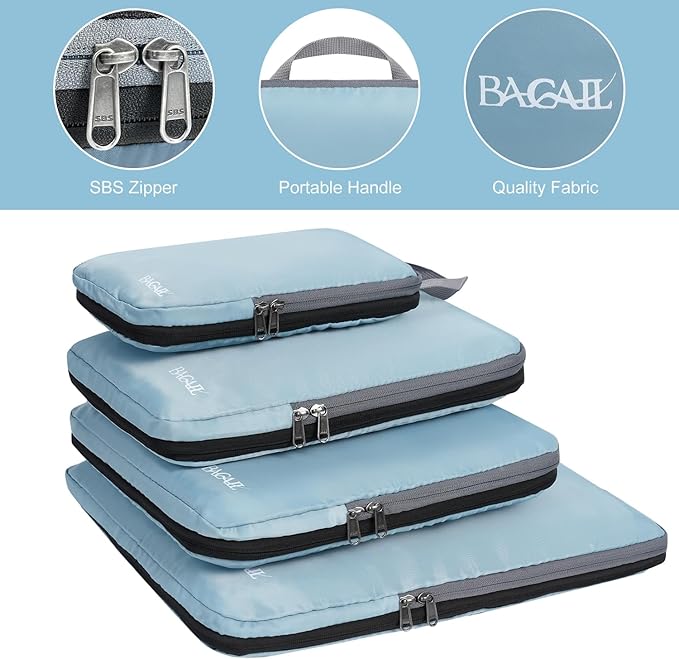 BAGAIL 4 Set/6 Set/8 Set Compression Packing Cubes Travel Accessories Expandable Packing Organizers (Cloth Pattern, 4-Dusty Blue)