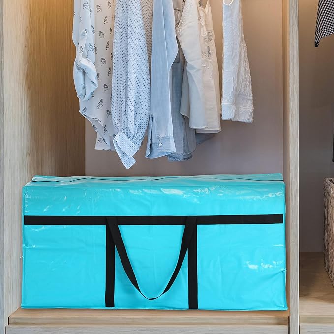 4 Pcs 66 Gallon Large Moving Bags with Zipper and Handles Foldable Storage Duffle Bags Heavy Duty Extra Large Totes for College Dorm Travel Clothes Blankets Bedding Moving(Lake Blue)