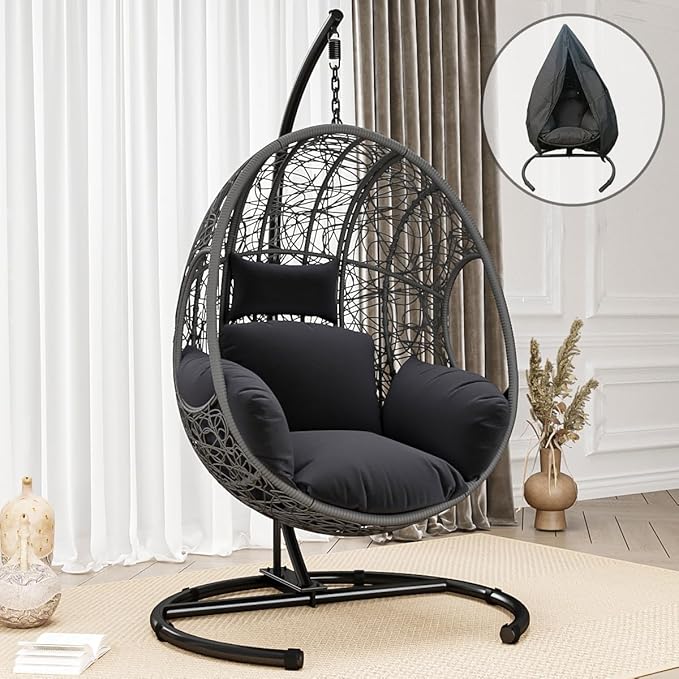 Hanging Egg Chair with Stand - Egg Swing Chair Outdoor Indoor Patio Wicker Chair Swing Hammock Egg Chairs 400lbs Capacity for Outside Patio, Bedroom, Garden and Balcony (Grey-nest, 2P)