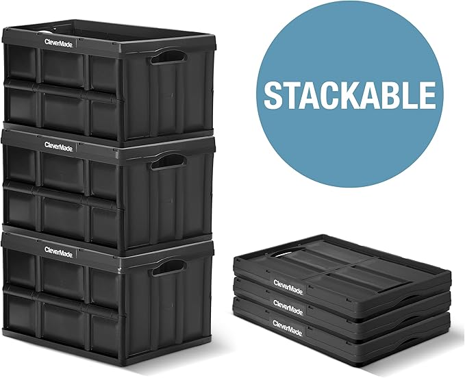 CleverMade Collapsible Storage Bins - Tan 3 Pack 46L - Stackable Containers Heavy Duty Capacity Folding Crates - Space-Saving for Home
