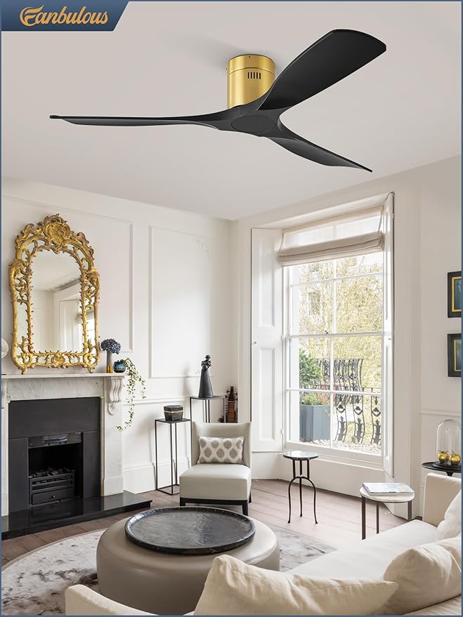 52" Ceiling Fans without Lights, Flush Mount Ceiling Fan with Remote Control Modern,Low Profile Ceiling Fans with 6-Speeds Reversible DC Motor for Patio Living Room Bedroom(Black)