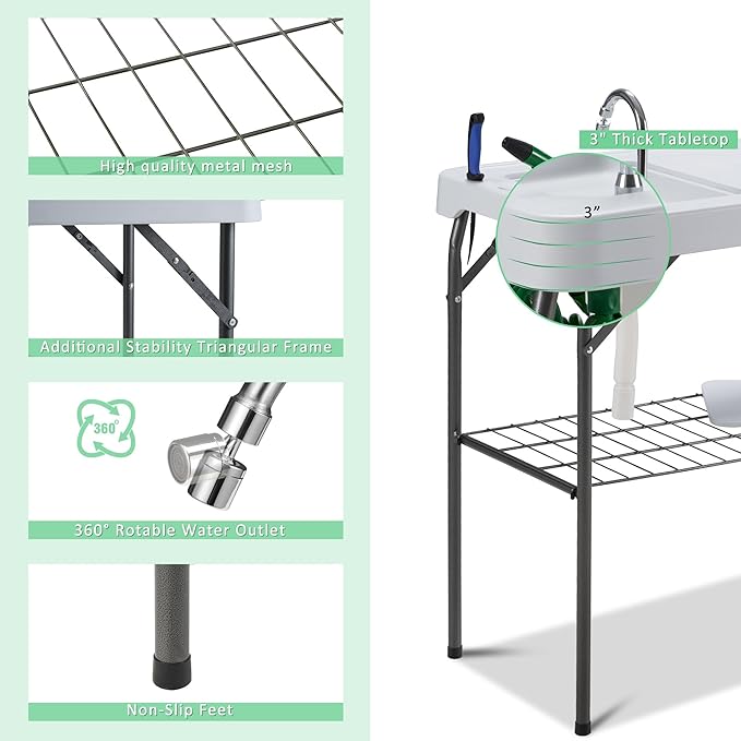 Dragosum Outdoor Sink Fish Cleaning Table Portable Camping Table with Faucet Hose Hook Up Grid Rack, Fish Fillet Camping Sink Table, Fish Cleaning Kit for Picnic Beach Patio