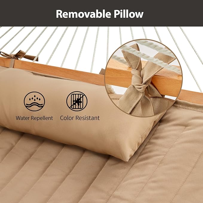 Outdoor Double Hammock with Hardwood Spreader Bars, Large Rope Hammock with Polyester Pad and Pillow, 475 LBS Capacity for 2 Person Patio Backyard Poolside - Tan