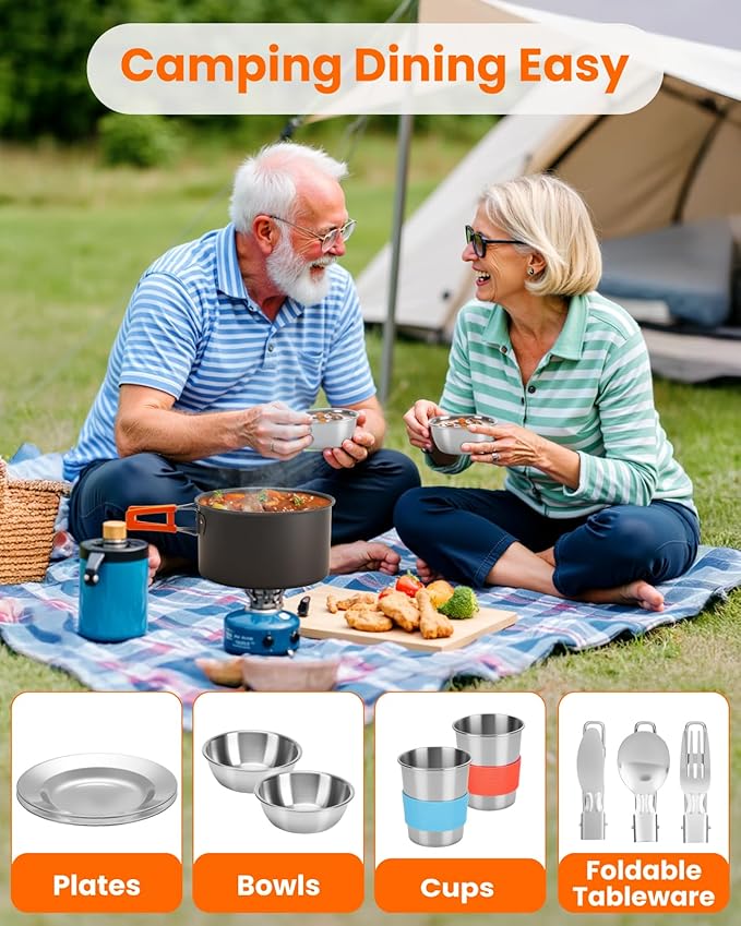22Pcs Camping Cookware Mess Kit for 2, Lightweight Camping Kitchen Pots and Pans Set, Portable Camping Essentials for Backpacking, Camping Cooking Hiking and Picnic