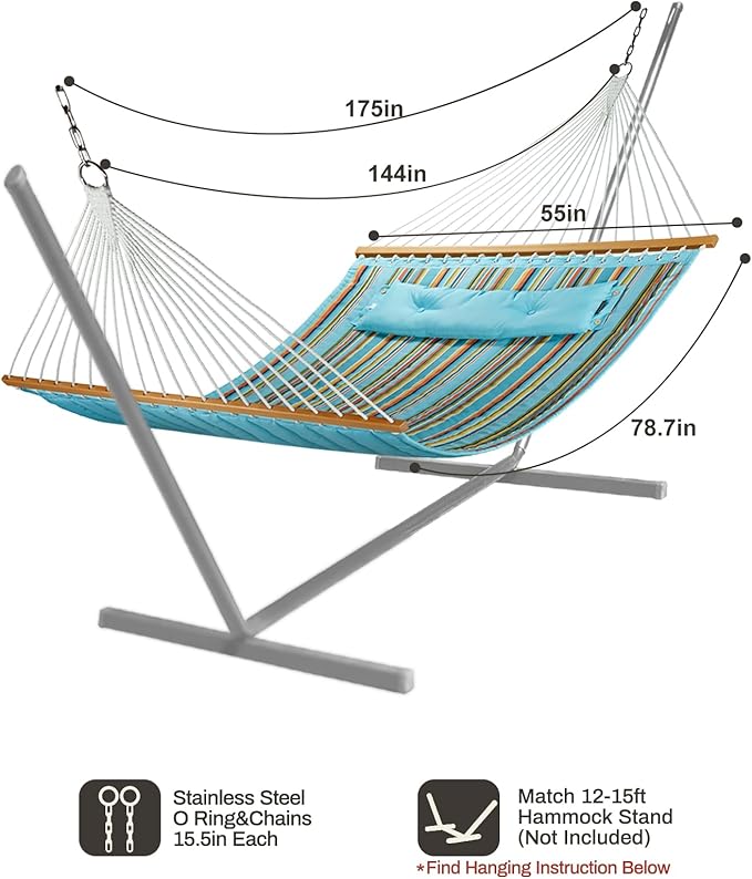 12 FT Double Quilted Fabric Hammock with Spreader Bars and Pillow 450 LBS Weight Capacity 2 Person Hammock for Outdoor Patio Backyard Poolside Blue Stripes