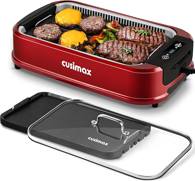 Indoor Grill, CUSIMAX Smokeless Grill Indoor, Electric Grill Griddle, 1500W Korean BBQ Grill with LED Smart Display & Tempered Glass Lid, Non-stick Removable Grill Plate & Griddle Plate, Red