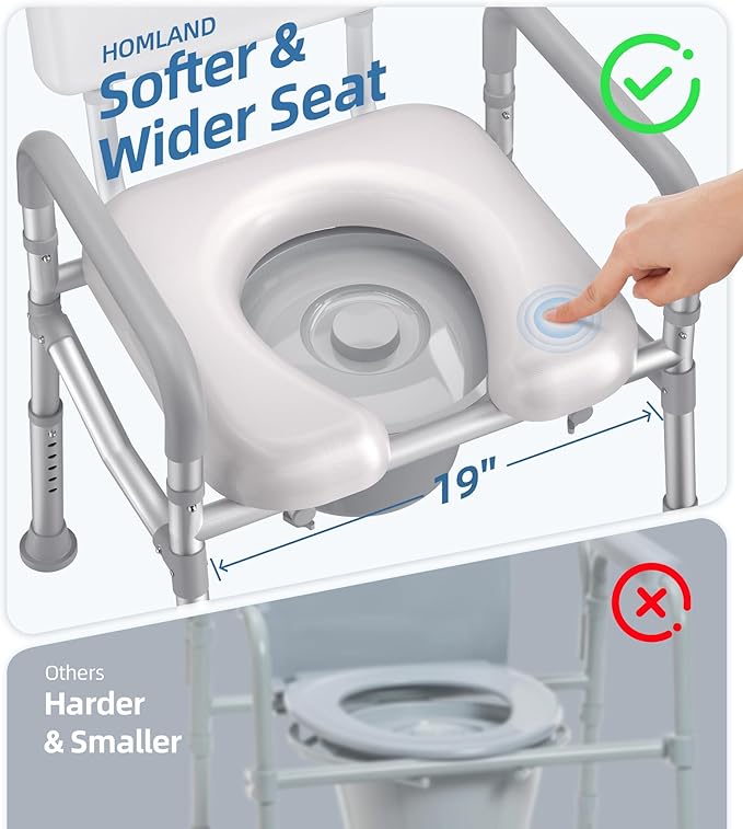 Bedside Commode with Padded Seat and Backrest, Aluminum Commode Toilet with Bucket, Easy Cleaning Portable Toilet for Adults and Seniors, 350 lb Capacity Enhanced Crossbar