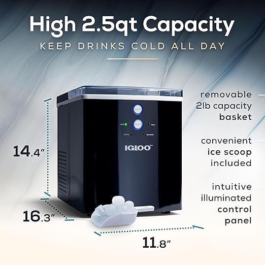 Igloo Electric Countertop Ice Maker Machine - Automatic and Portable - 33 Pounds in 24 Hours - Ice Cube Maker - Ice Scoop and Basket - Ideal for Iced Coffee and Cocktails - Black