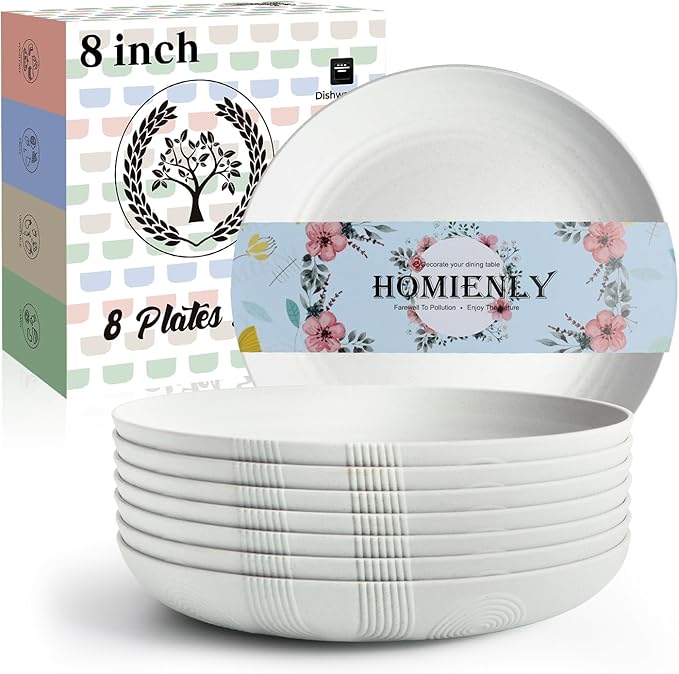 Homienly Wheat Straw Plates, 8 Inch Dessert Plates Set of 8, Unbreakable White Round Plate - Alternative to Plastic Plates, Lightweight Microwave and Dishwasher Safe Plate Set for Camping - White