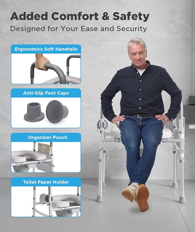 Bedside Commode for Seniors, FSA/HSA Eligible Bedside Toilet with Adjustable Width and Height, 400 LBS Weight Capacity, 16.5 Inch Extra Large Soft Seat Plate