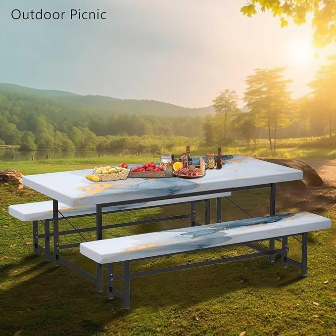 CAPSCEOLL Picnic Table Cover with Bench Covers Waterproof Camping Tablecloth All-Weather Outdoor Table Protector with Drawstring Bag for Camping Essentials, 72X30in, Grey White
