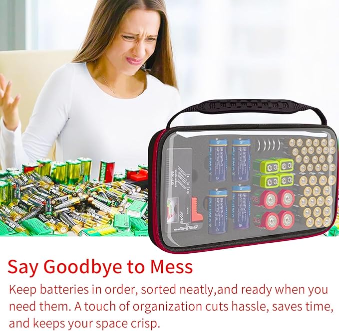 Battery Organizer Storage Case with Tester,Clear Batteries Storage Organizers Holds, Just The Right Size Slot with stable handle,Holds 57 Batteries Various Sizes（Batteries are Not Included）(Red)