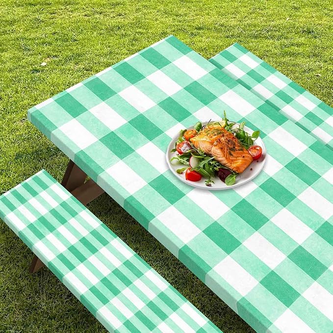 CAPSCEOLL Fitted Picnic Table Cover with Bench Covers with Elastic 8Ft Waterproof Camping Picnic Table Cover Cloths for Outdoors Camping Tablecloth with Drawstring Bag, 96X30in, Green Checkered